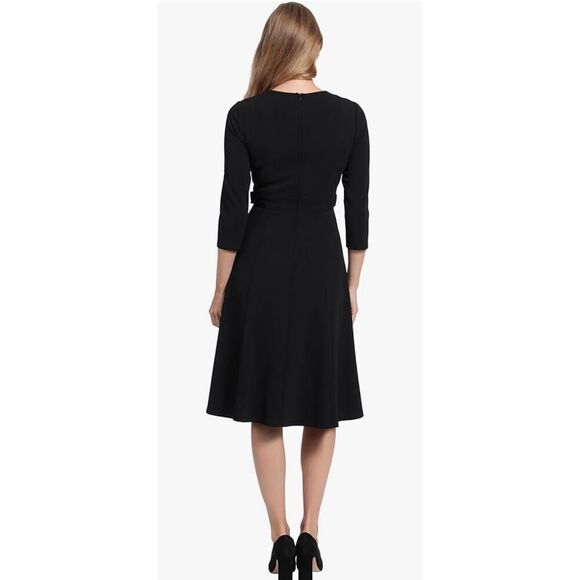 London Times Women's Crepe Fit and Flare Midi with Waist Button Detail - Picture 2 of 6